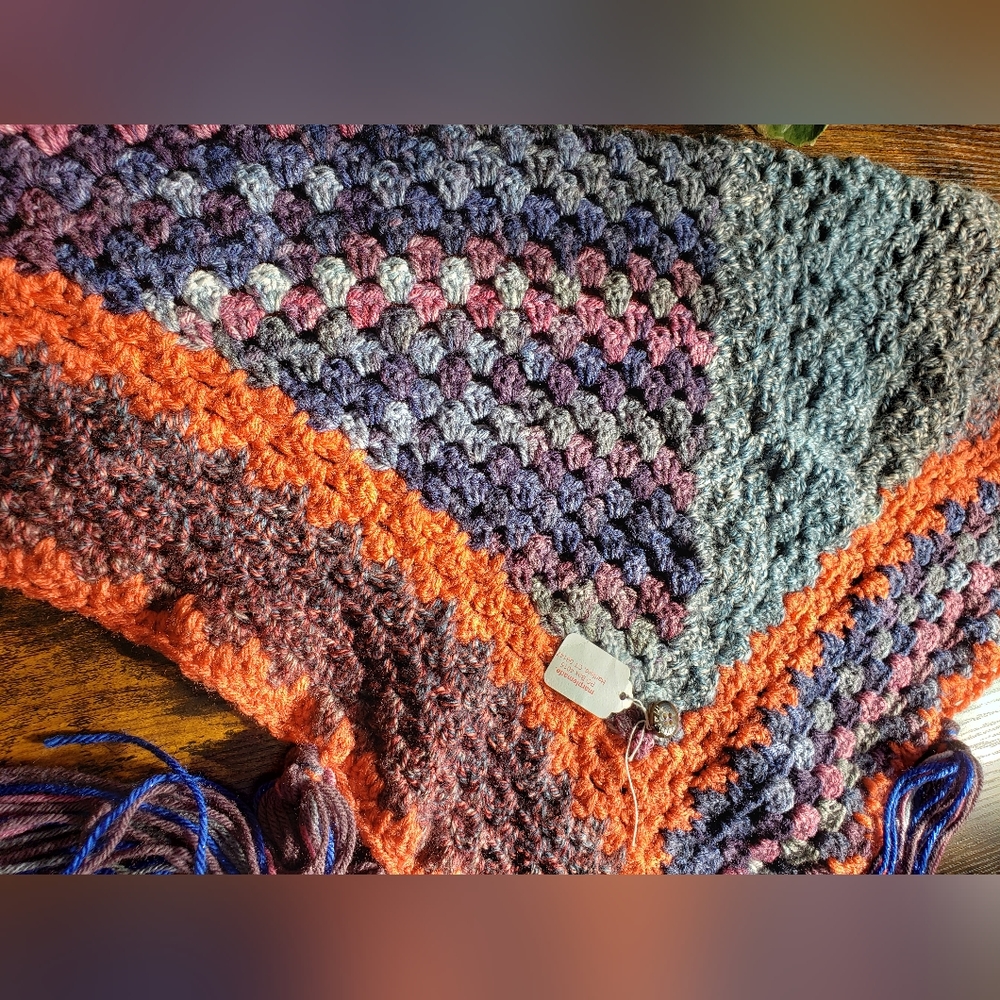NWT* Handmade wrap scarf💜 MarpleMade Designs,  the Mix Up scarf, denim/orange - Picture 11 of 11